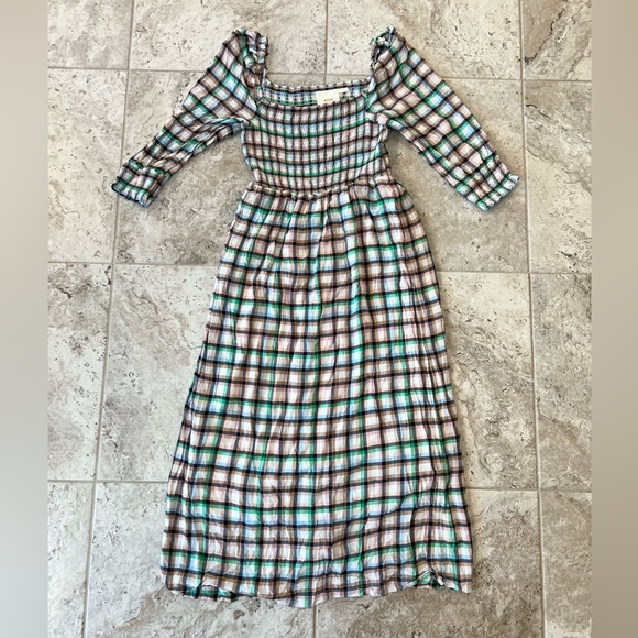 Anthropologie Maeve Cerie Smocked Plaid 3/4 Puff Sleeved Midi Dress, M - Picture 12 of 13